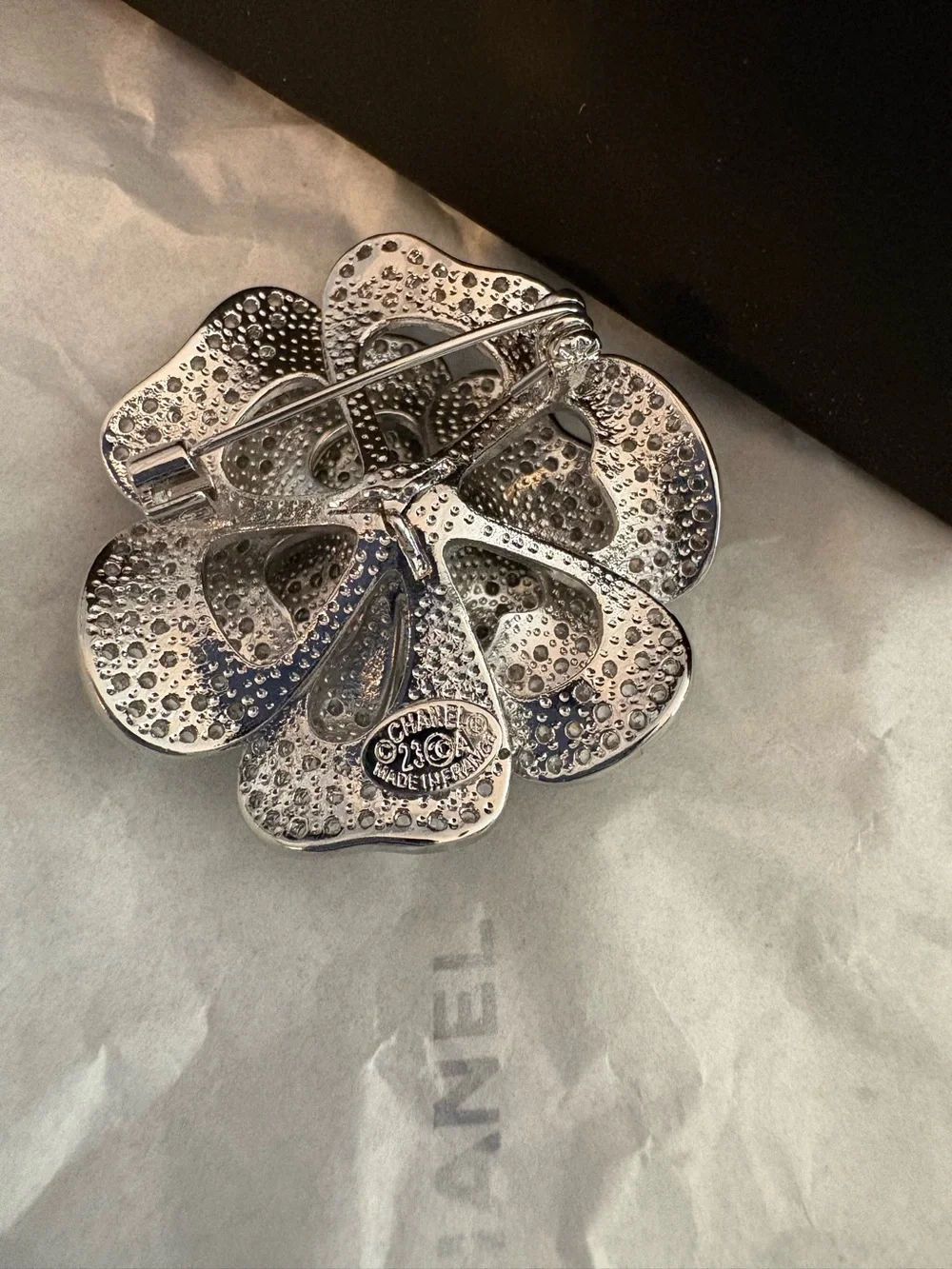 CHANEL Silver Crystal Camellia Brooch - Sparkling Silver